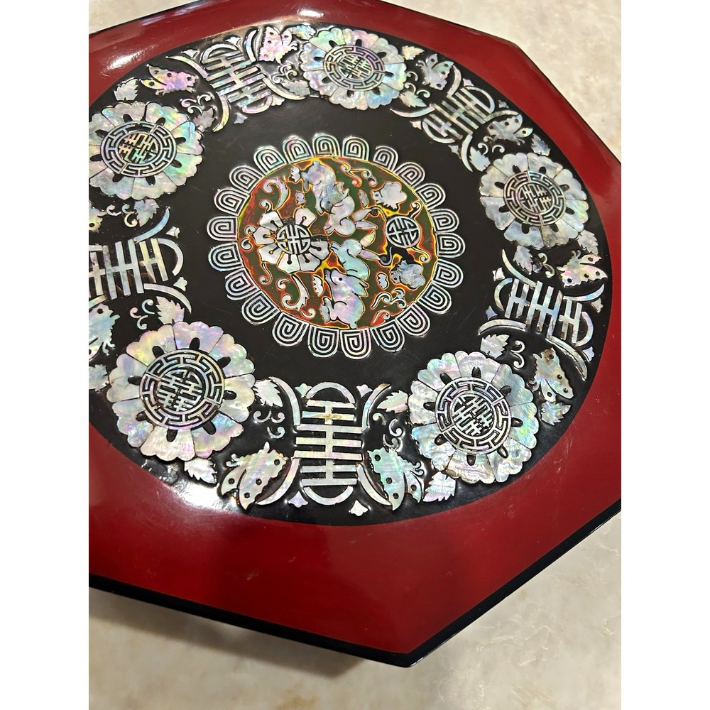 Octagon Red/Black Wood Trinket Box Mother-of-Pearl Floral Inlay, Lidded